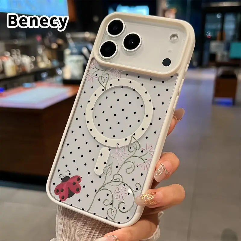 Clear Phone Case for Iphone 17 16 Pro Max plus 15 14 13 12 11 Air E Ladybug Floral Dots Pattern Magnetic Sunction Acrylic Back Full Body Protective Cover Protection Wireless Shockproof Transparent Silicone Casing