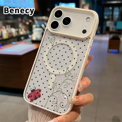 Clear Phone Case for Iphone 17 16 Pro Max plus 15 14 13 12 11 Air E Ladybug Floral Dots Pattern Magnetic Sunction Acrylic Back Full Body Protective Cover Protection Wireless Shockproof Transparent Silicone Casing