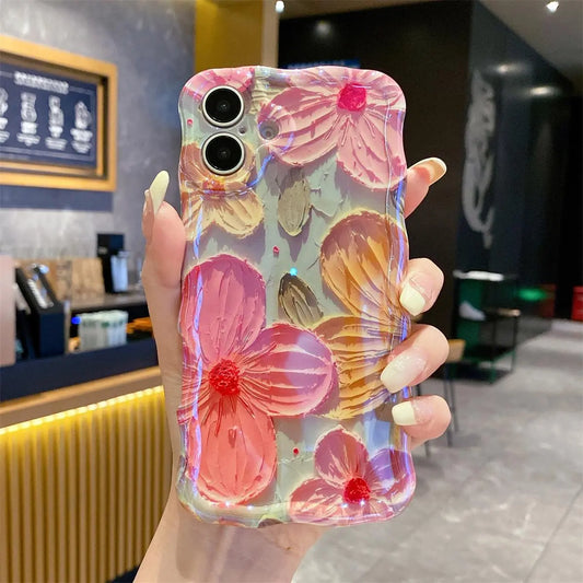 OREKROY Colorful Retro Oil Painting Floral Case for Iphone 17 16 15 14 13 12 11 Pro Max ,Flower Pattern Cute Curly Wave Frame Phone Case Camera Protection, Soft Protective Cover for Girls & Women