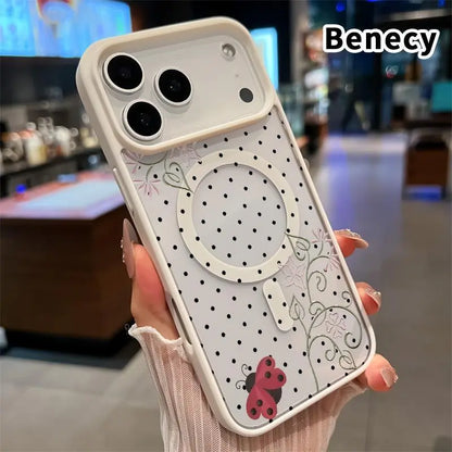 Clear Phone Case for Iphone 17 16 Pro Max plus 15 14 13 12 11 Air E Ladybug Floral Dots Pattern Magnetic Sunction Acrylic Back Full Body Protective Cover Protection Wireless Shockproof Transparent Silicone Casing