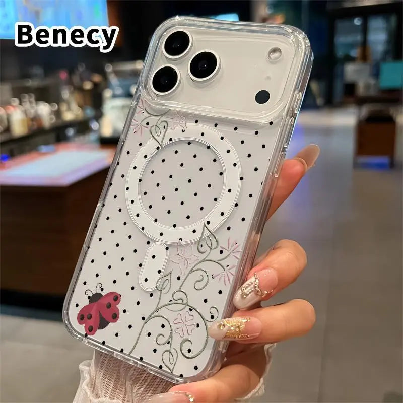 Clear Phone Case for Iphone 17 16 Pro Max plus 15 14 13 12 11 Air E Ladybug Floral Dots Pattern Magnetic Sunction Acrylic Back Full Body Protective Cover Protection Wireless Shockproof Transparent Silicone Casing