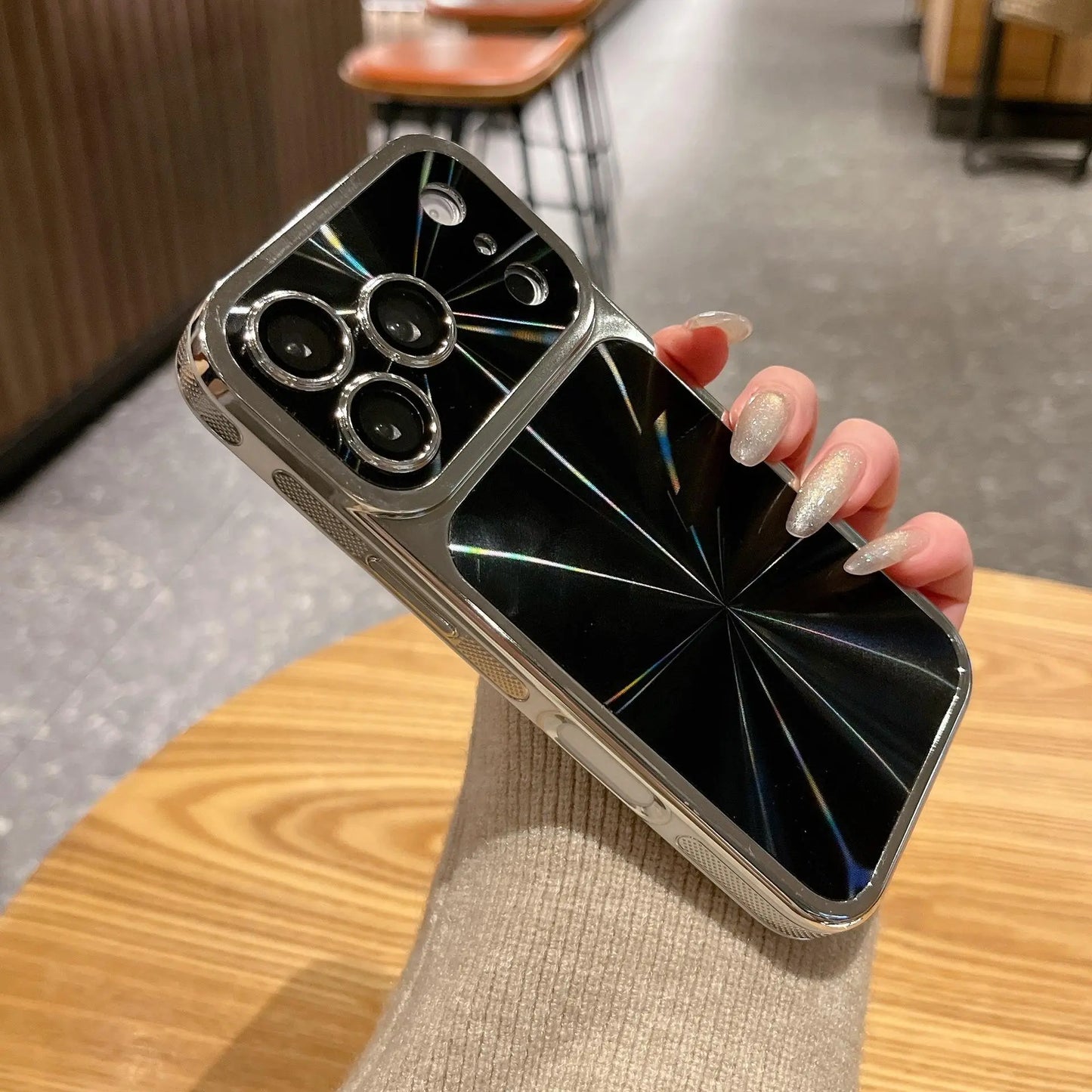 Luxury CD Texture Laser Phone Case, Shockproof Electroplated Frame Cover for Iphone 13 14 15 16 17 Pro Max #XYYJDSCLSCDWKSILVER