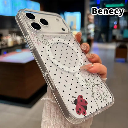 Clear Phone Case for Iphone 17 16 Pro Max plus 15 14 13 12 11 Air E Ladybug Floral Dots Pattern Magnetic Sunction Acrylic Back Full Body Protective Cover Protection Wireless Shockproof Transparent Silicone Casing